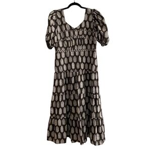 Anna Cate Brown Block Print Tiered Midi Dress Puff Sleeve Bohemian Size M